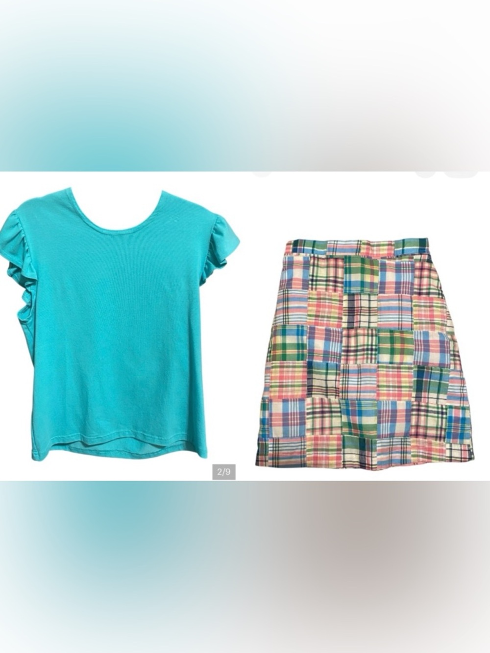 Maggie Breen Set: Turquoise Ruffle Sleeve Tee  Patchwork Skirt NWT Size 12